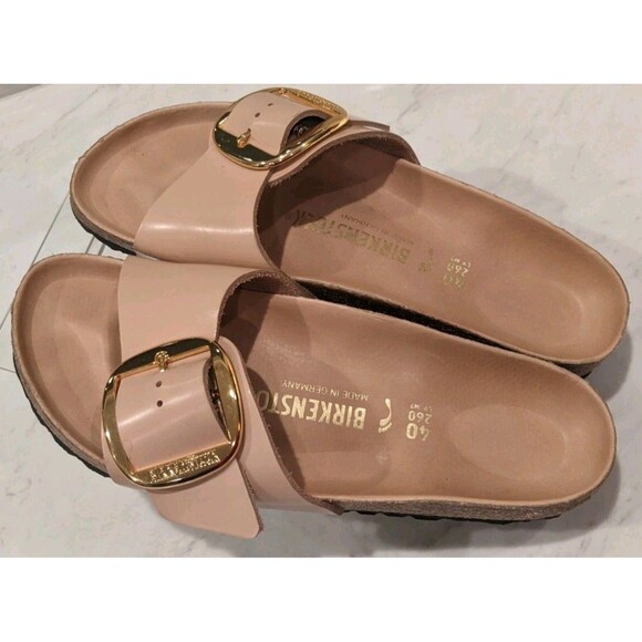 Wmn's Birkenstock Madrid Big Buckle Slide Sandals In Natural Leather Patent 40/9 - Picture 7 of 15